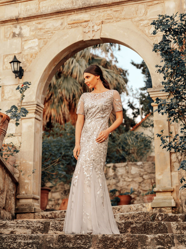 ever JADEN|Floral Sequin Maxi Fishtail Tulle Formal Evening Dress with Short Sleeve Fan Photos 4
