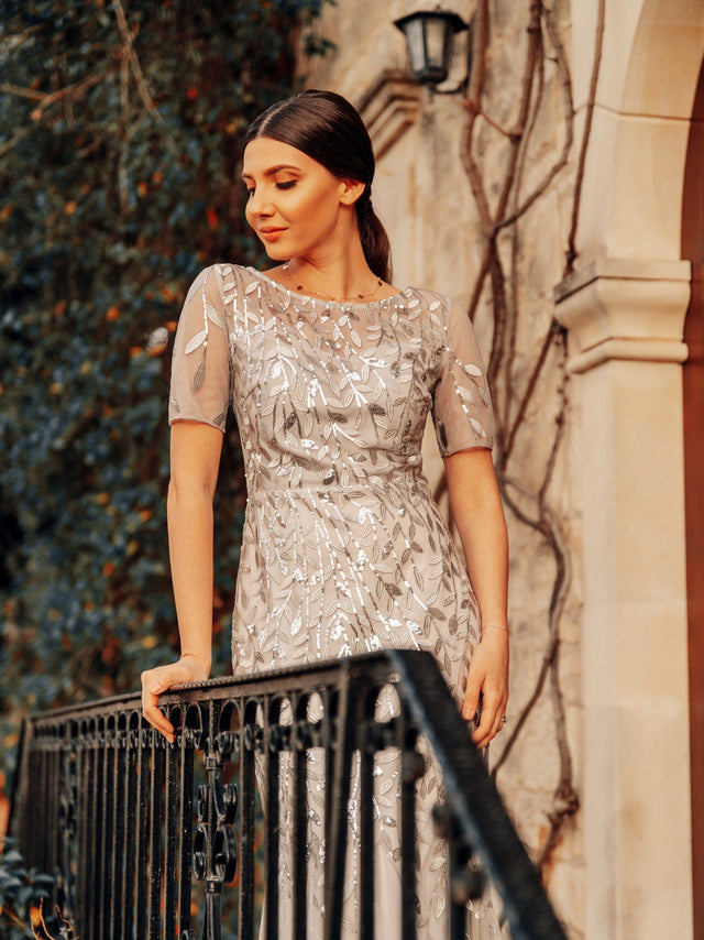 ever JADEN|Floral Sequin Maxi Fishtail Tulle Formal Evening Dress with Short Sleeve Fan Photos 5
