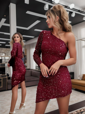 Sparkly One Shoulder Long Sleeved Bodycon Sequin Midi Dress