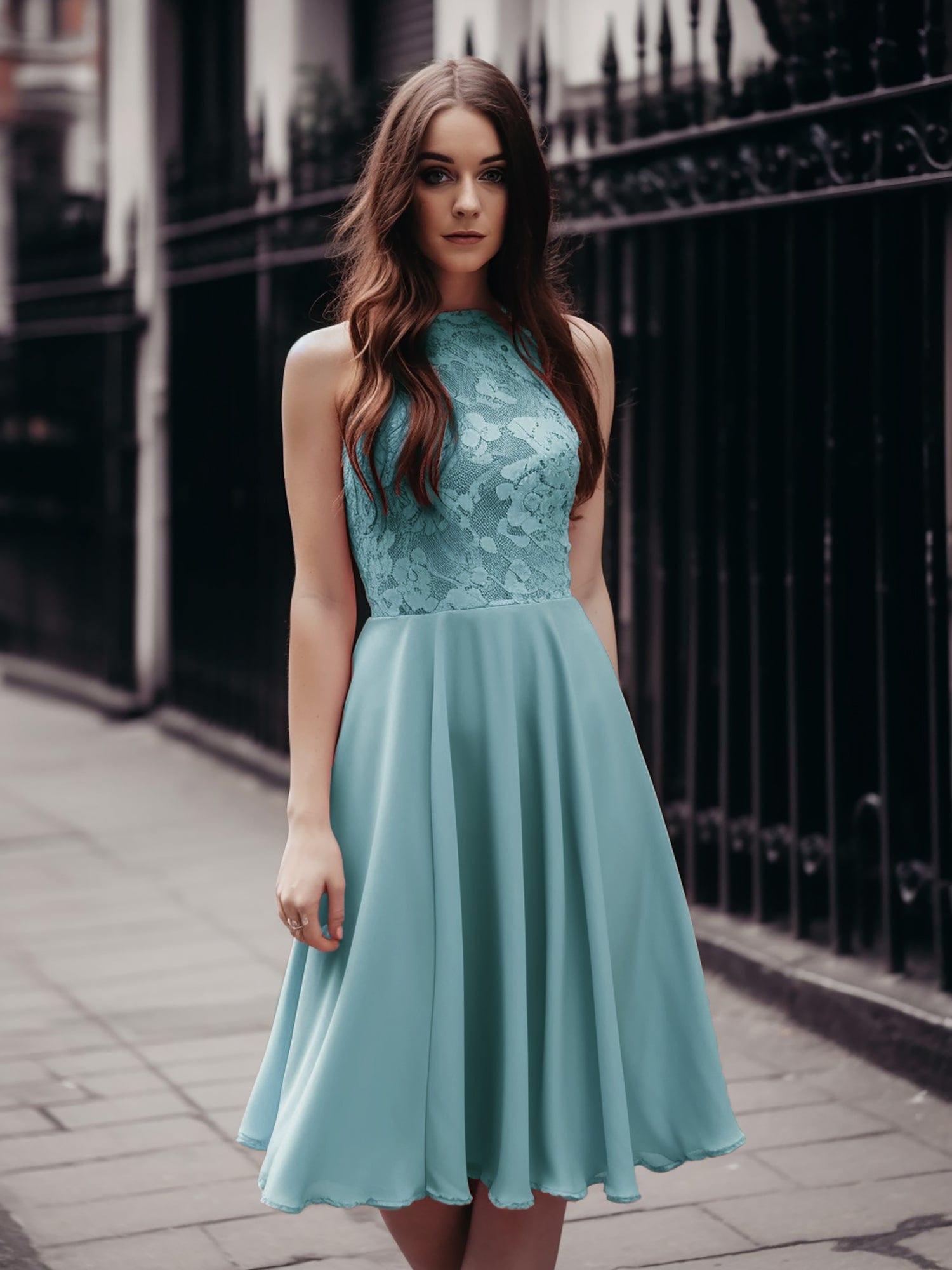 Short Lace Halter Neck Backless Chiffon Homecoming Dress #color_Light Teal