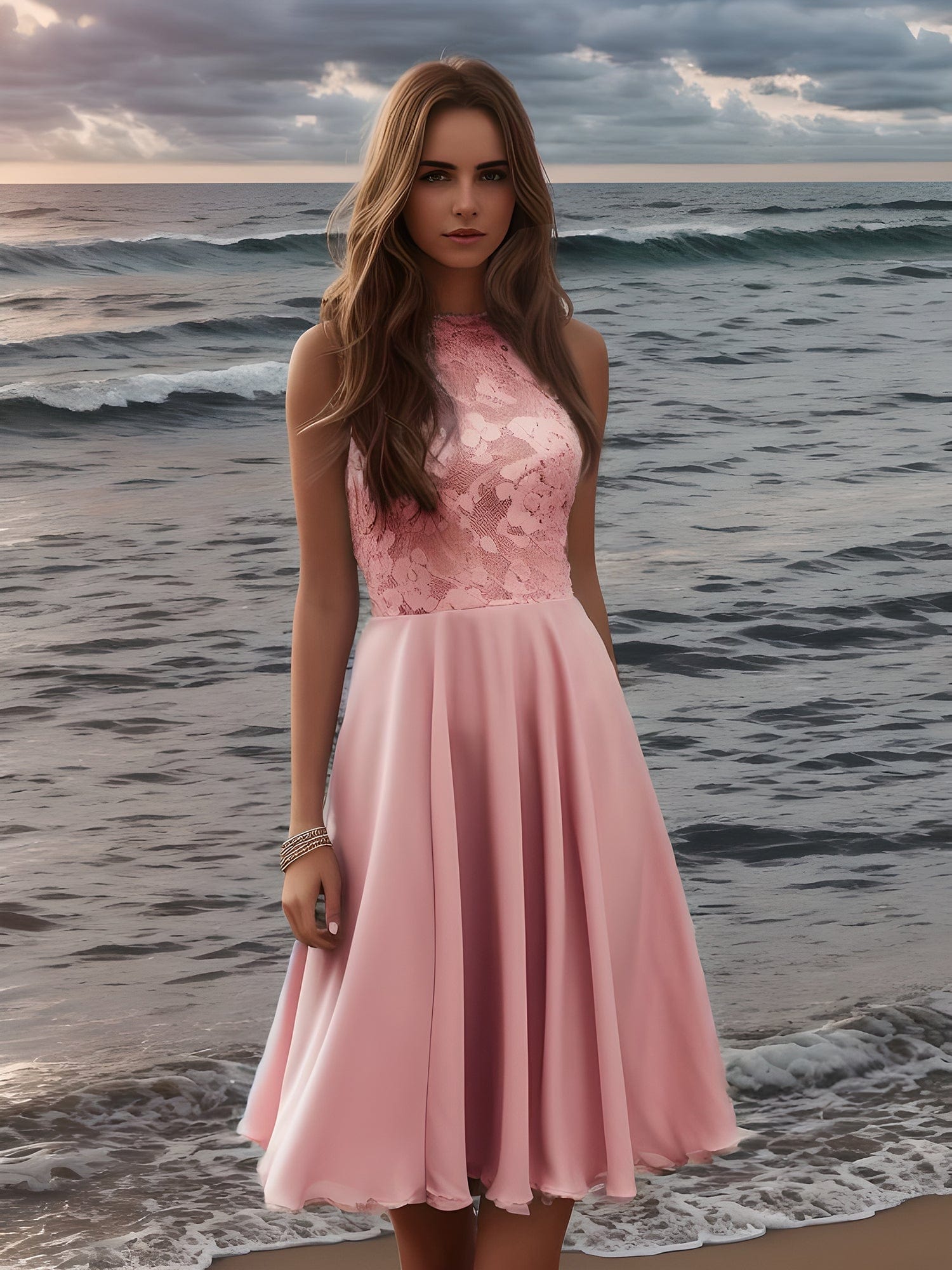 Short Lace Halter Neck Backless Chiffon Homecoming Dress #color_Pink