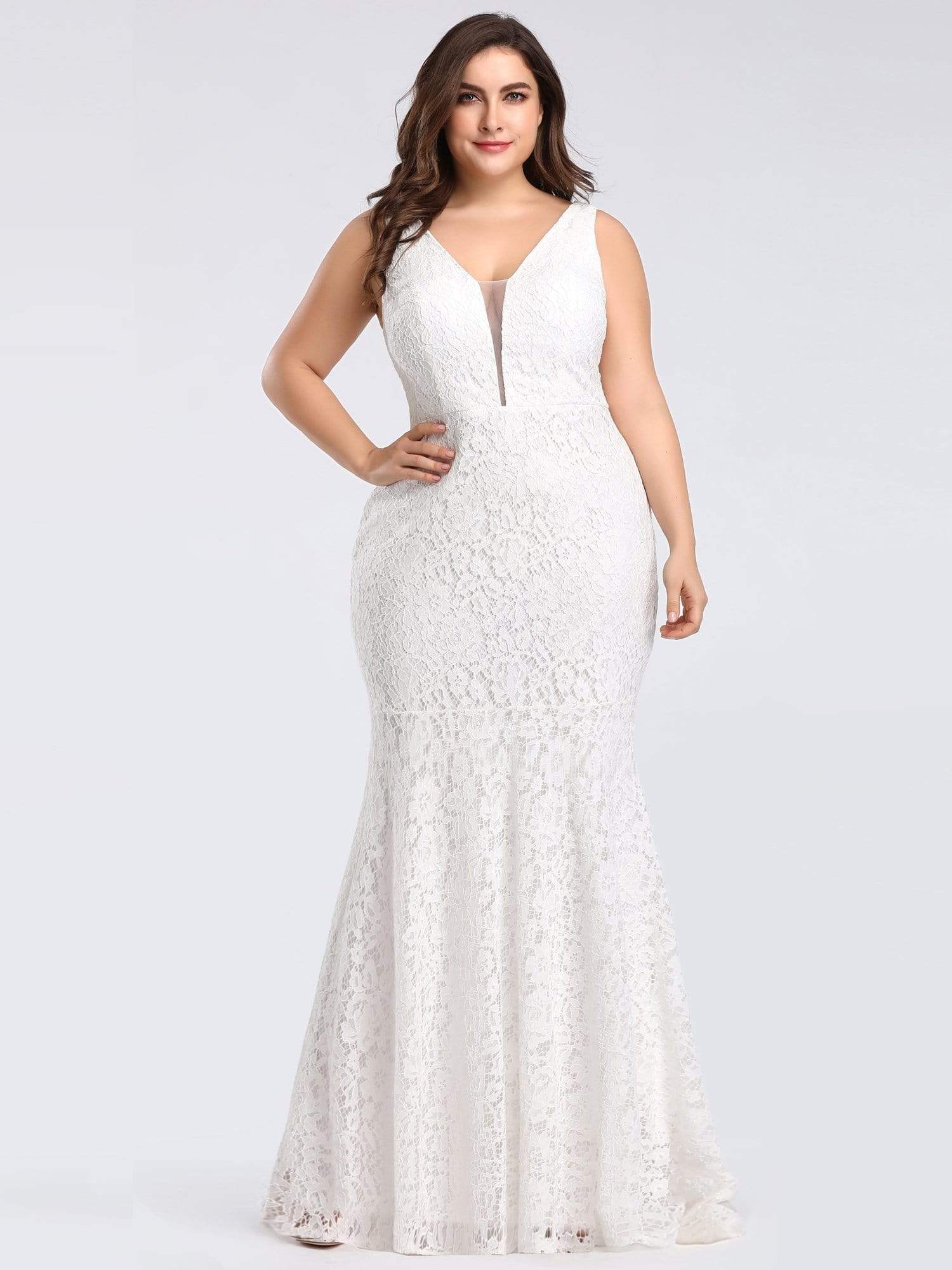 Plus Size Lace Mermaid Formal Evening Dress #color_White 