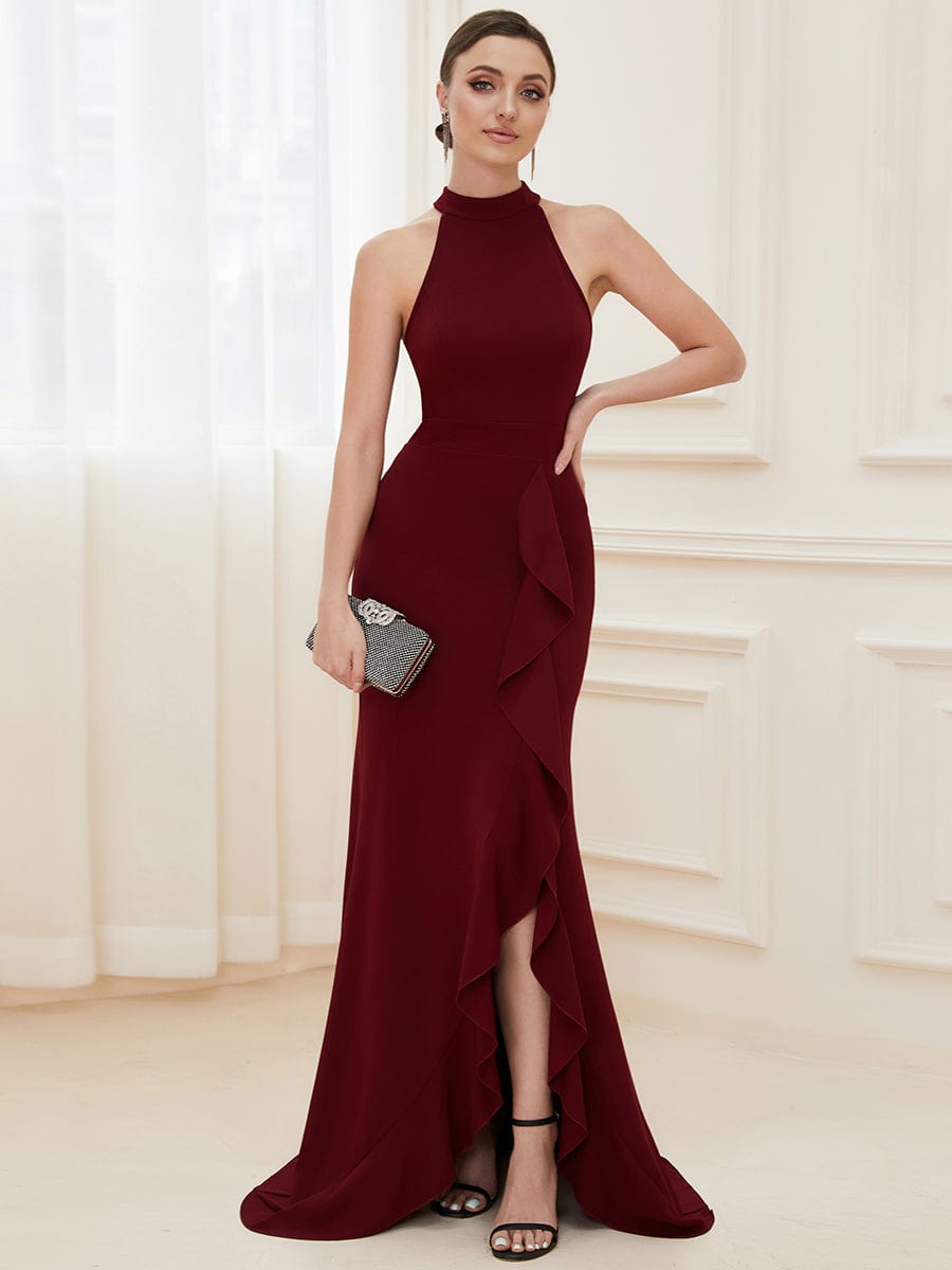 Ruffled Front Slit Cinched Waist Halter Sleeveless Evening Dress #color_Burgundy