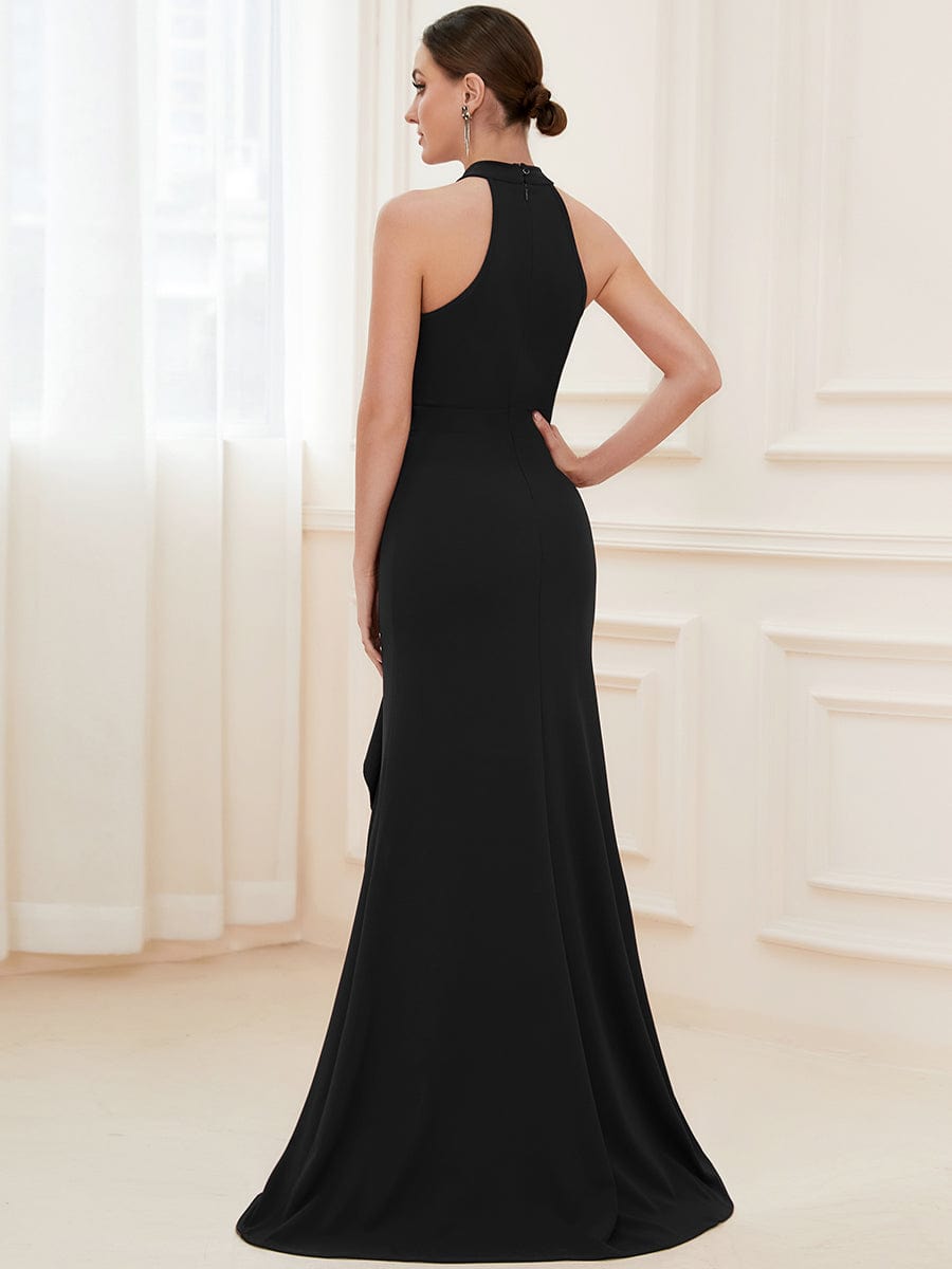 Ruffled Front Slit Cinched Waist Halter Sleeveless Evening Dress #color_Black