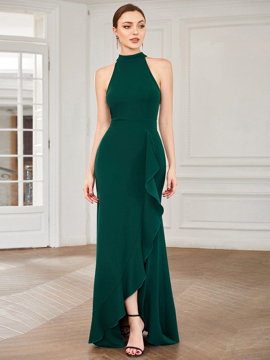 Ruffled Front Slit Cinched Waist Halter Sleeveless Evening Dress #color_Dark Green