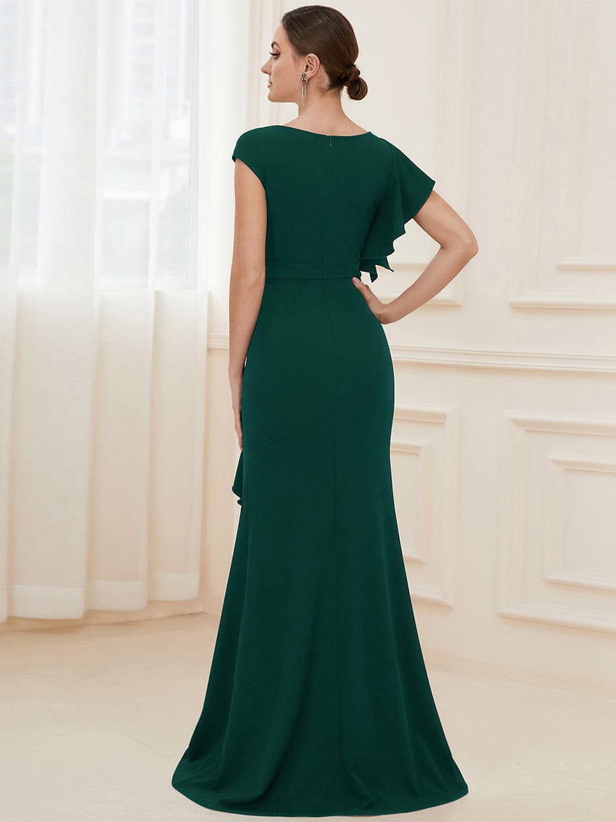 Ruffled Asymmetrical Front Slit Floor-Length Knit Evening Dress #color_Dark Green