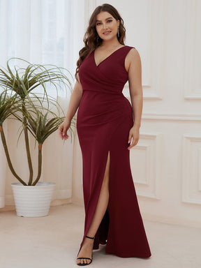 Color=Burgundy | Front High Slit V-Neck Wrap Waist Knit Evening Dress-Burgundy 6