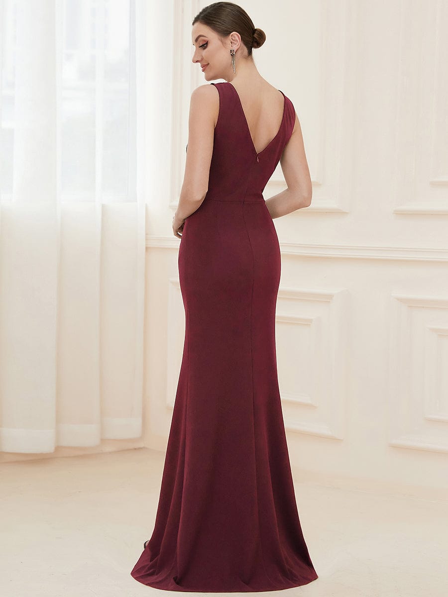 Color=Burgundy | Front High Slit V-Neck Wrap Waist Knit Evening Dress-Burgundy 2