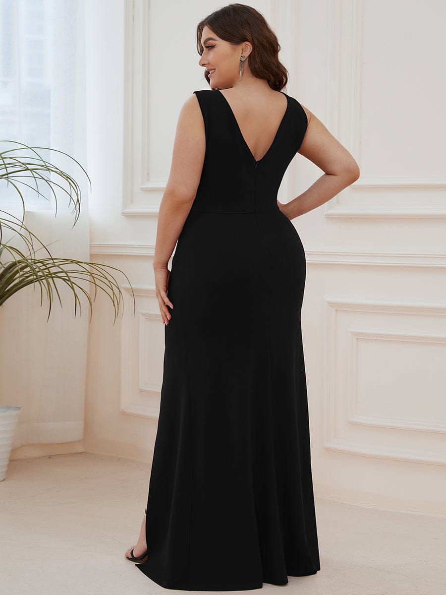 Color=Black | Front High Slit V-Neck Wrap Waist Knit Evening Dress-Black 7
