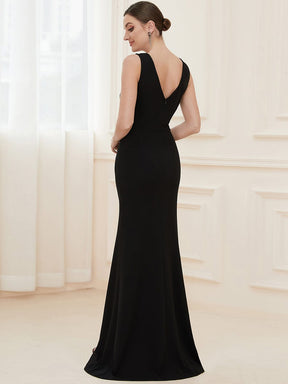 Color=Black | Front High Slit V-Neck Wrap Waist Knit Evening Dress-Black 2
