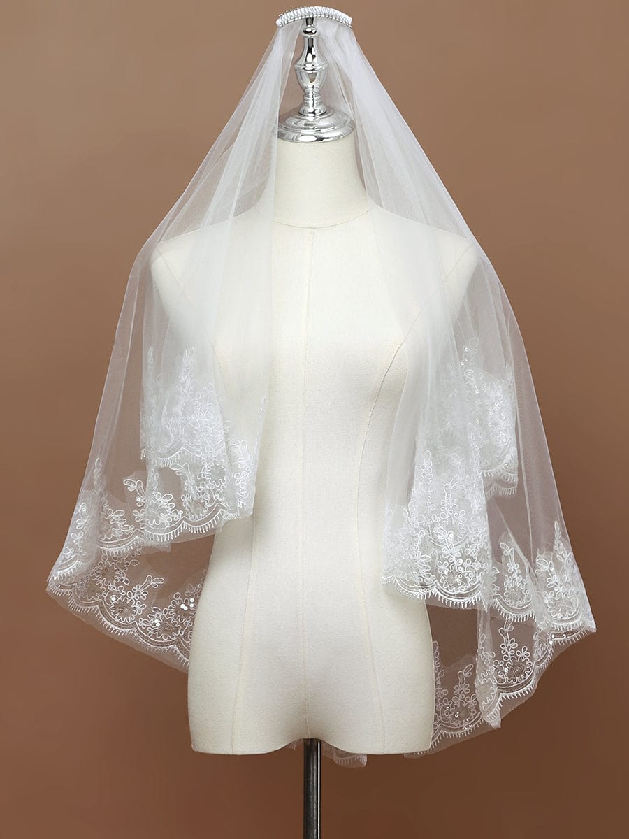 Double Tier Lace Applique Tulle Wedding Bridal Veil #color_Cream