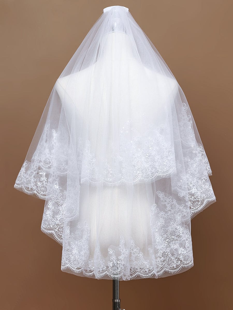 Double Tier Lace Applique Tulle Wedding Bridal Veil #color_White