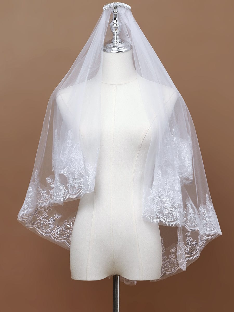 Double Tier Lace Applique Tulle Wedding Bridal Veil #color_White