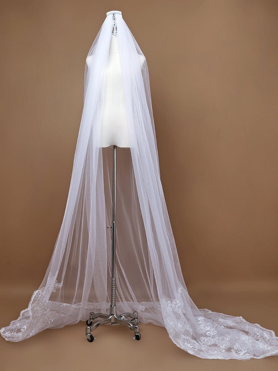Romantic Wedding Sweep-Train Veil with Sequin Applique #color_White
