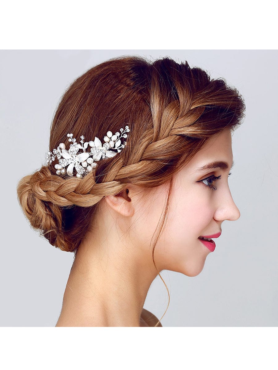 Elegant Handmade Hair Accessories Pearl Rhinestone Hair Comb #color_White