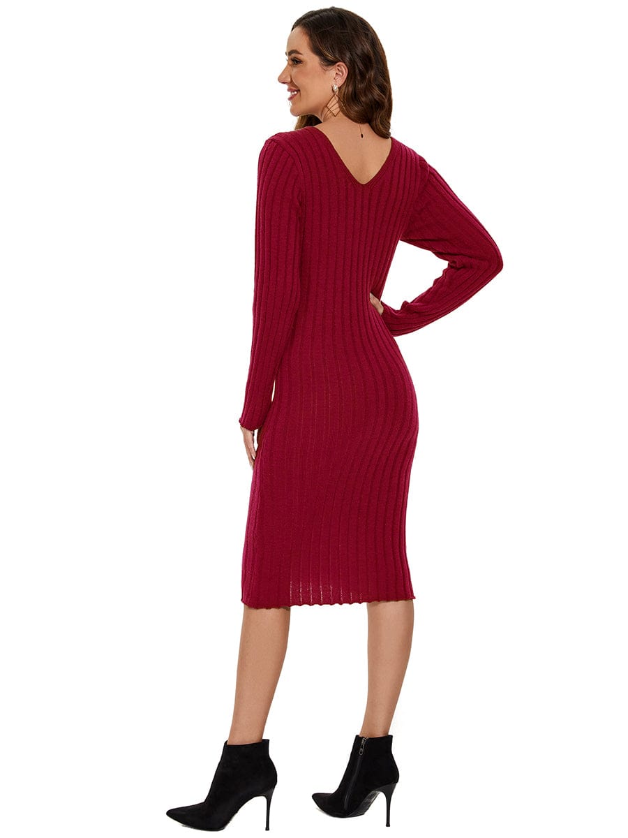 Ribbed Long Sleeve V-Neck Bodycon Knit Sweater Dress #color_Burgundy