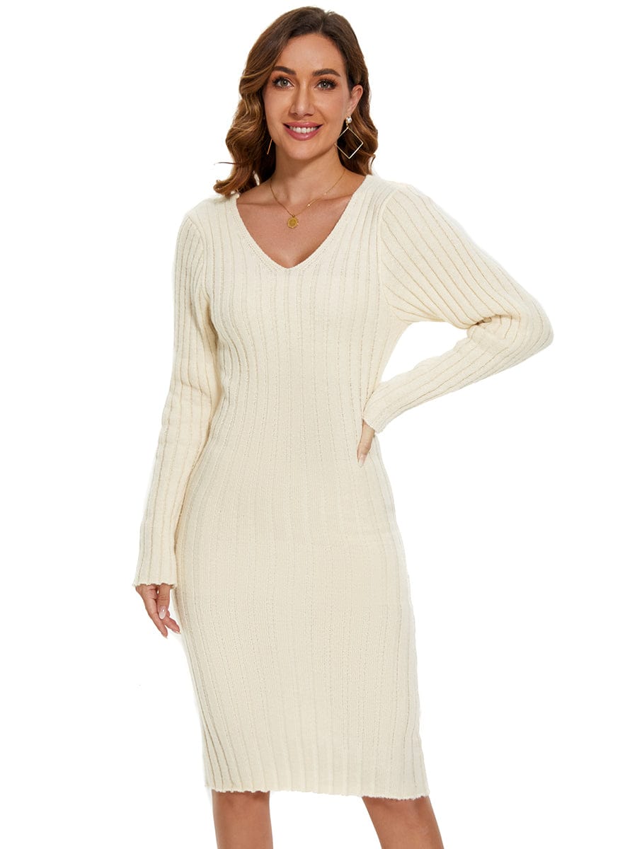 Ribbed Long Sleeve V-Neck Bodycon Knit Sweater Dress #color_Beige