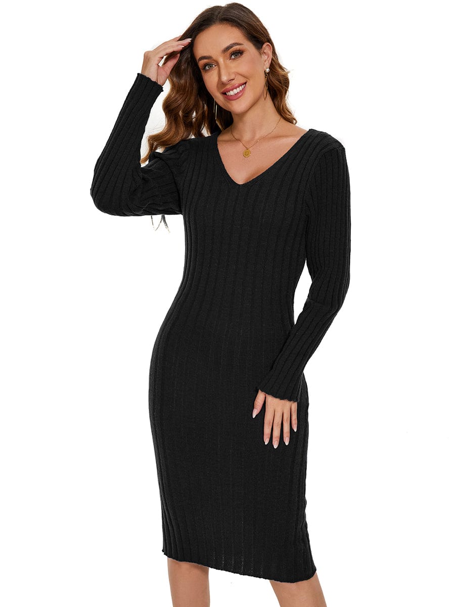 Ribbed Long Sleeve V-Neck Bodycon Knit Sweater Dress #color_Black