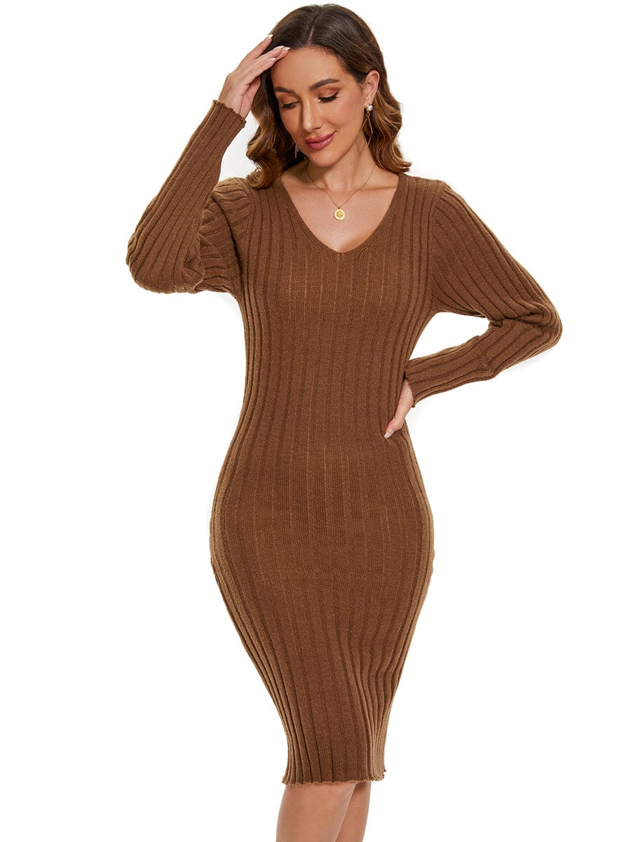 Ribbed Long Sleeve V-Neck Bodycon Knit Sweater Dress #color_Brown