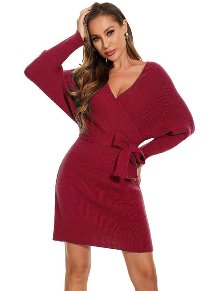 Ever-Pretty Long Dolman Sleeve Wrap Knit Sweater Dress