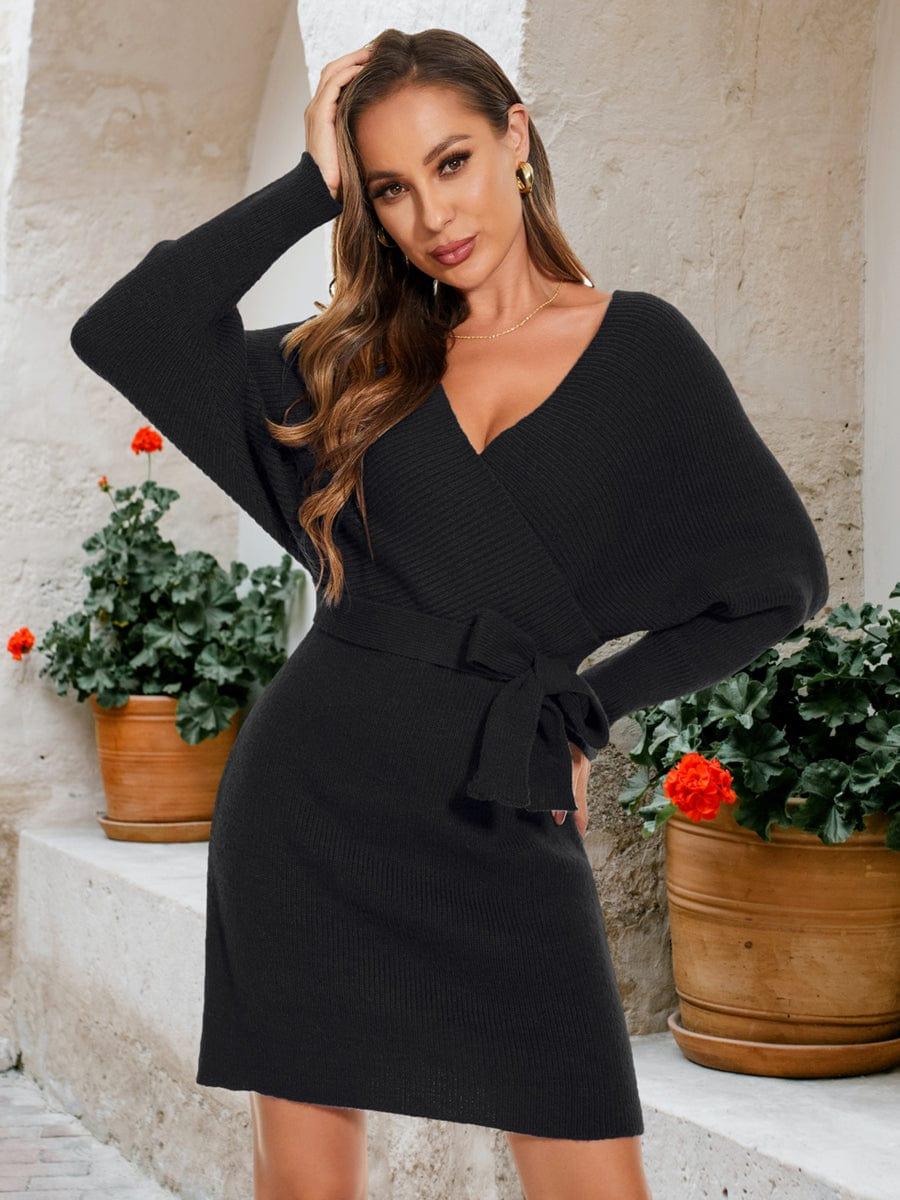 Knit Dress Deep V Neck Sweater Dress Red Cable Knit V-Neck Long Sleeve Mini Sweater Knit Dress Deep V Neck Sweater Dress Red Cable Knit V-Neck Long Sleeve Mini Sweater