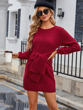 Bodycon Tie Waist Long Sleeve Ribbed Knit Sweater Dress #color_Burgundy