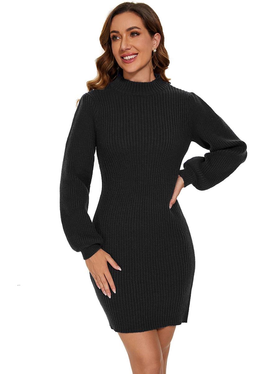 Long Lantern Sleeve Ribbed Knit High Neck Bodycon Sweater Dress #color_Black