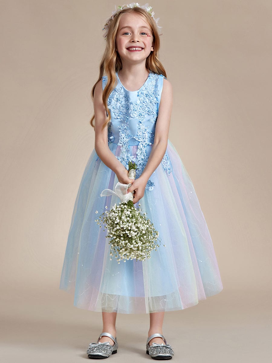 Gorgeous White Lace and Tulle Flower Girl Dress with Flower Appliques #color_Ice Blue