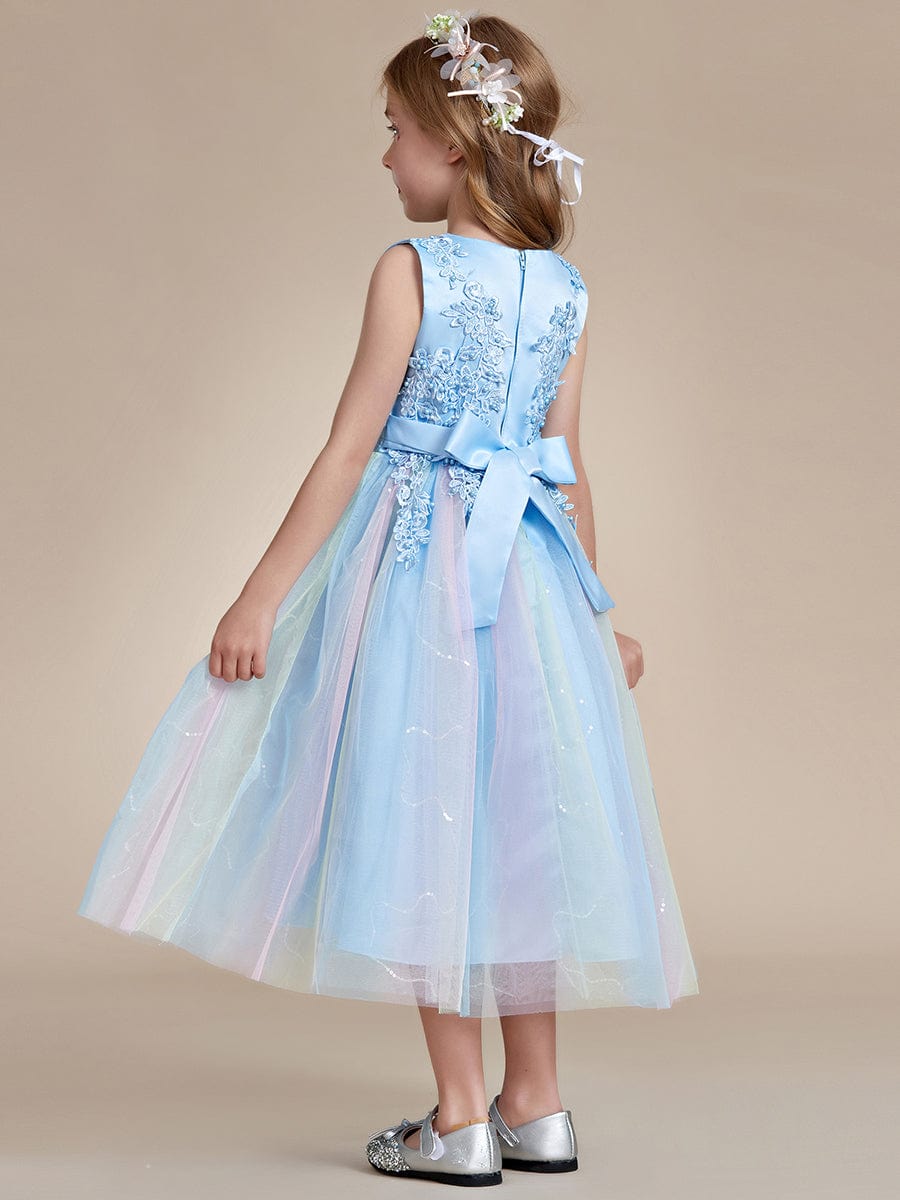 Gorgeous White Lace and Tulle Flower Girl Dress with Flower Appliques #color_Ice Blue