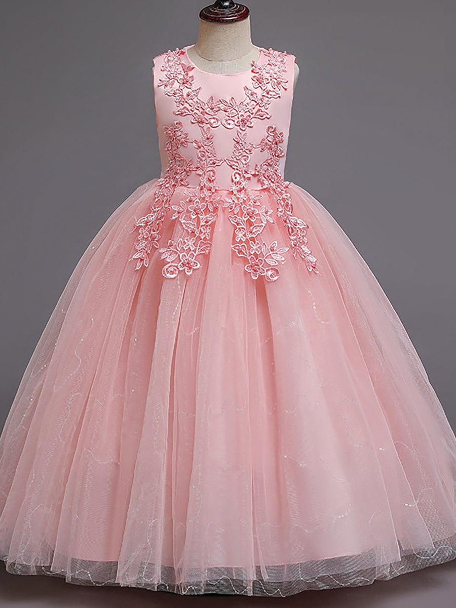 Gorgeous White Lace and Tulle Flower Girl Dress with Flower Appliques #color_Pink