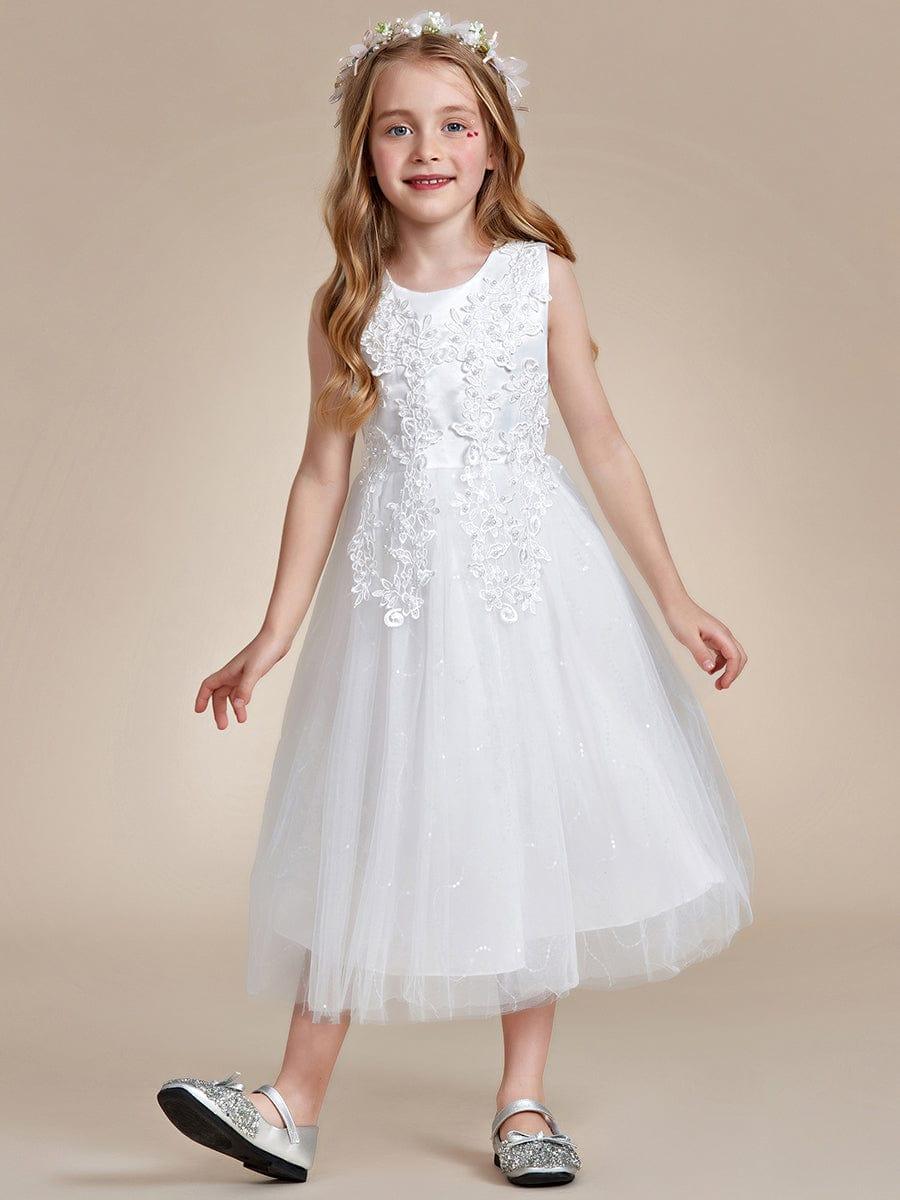 Gorgeous White Lace and Tulle Flower Girl Dress with Flower Appliques