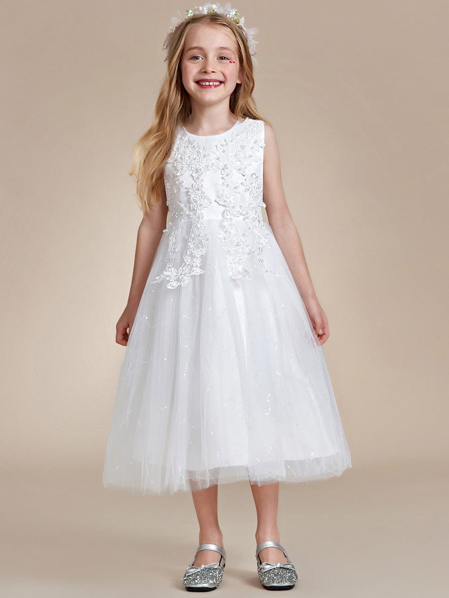 Gorgeous White Lace and Tulle Flower Girl Dress with Flower Appliques #color_White