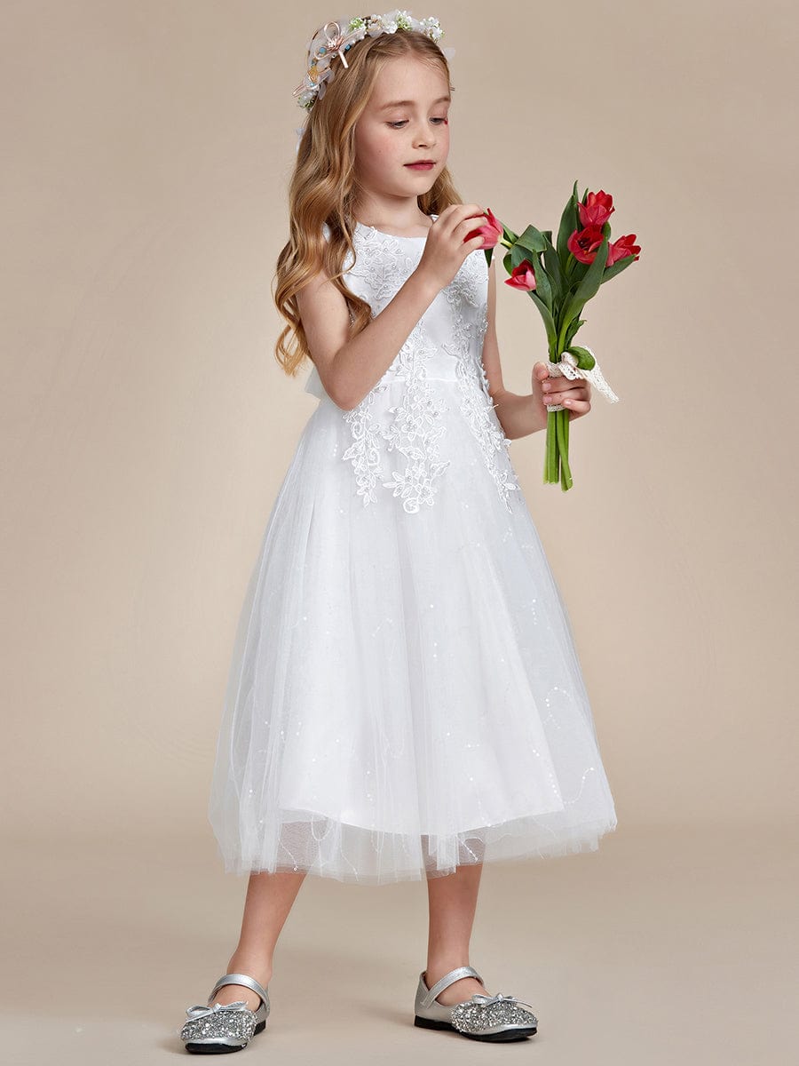 Gorgeous White Lace and Tulle Flower Girl Dress with Flower Appliques