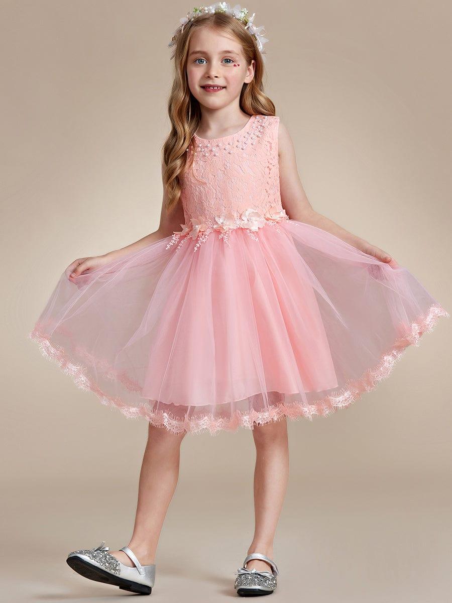 White Lace Tulle Flower Girl Dress with Bow Back Detail #color_Pink