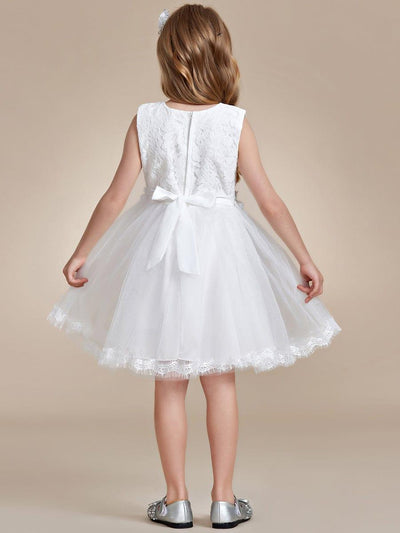 White Lace Tulle Flower Girl Dress with Bow Back Detail #color_White