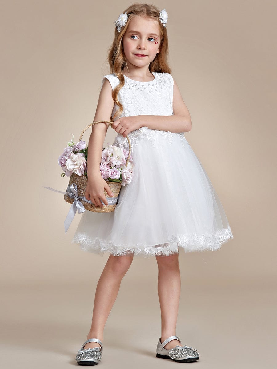 White Lace Tulle Flower Girl Dress with Bow Back Detail #color_White
