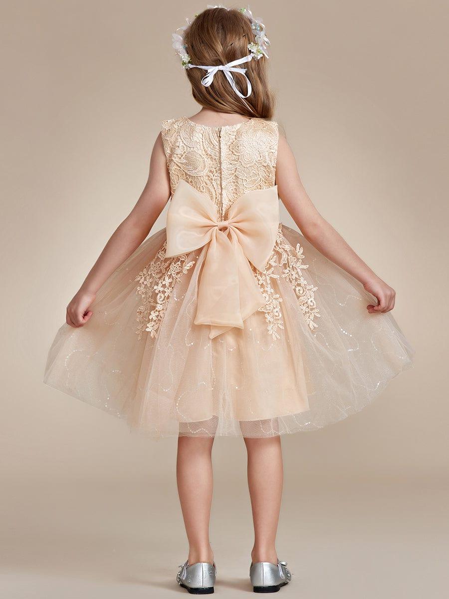 Elegant Lace Sleeveless Embroidered A-Line Flower Girl Dress with Bowknot