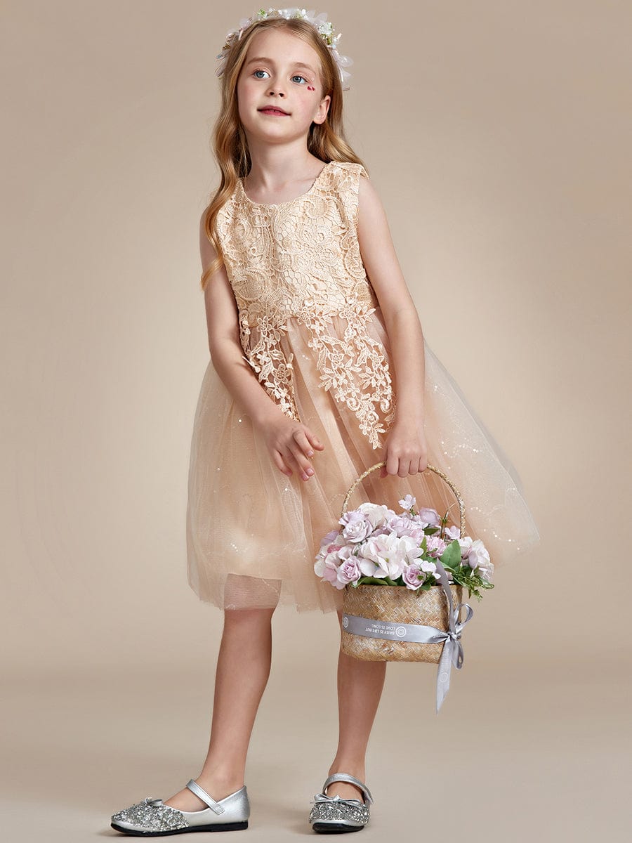Elegant Lace Sleeveless Embroidered A-Line Flower Girl Dress with Bowknot