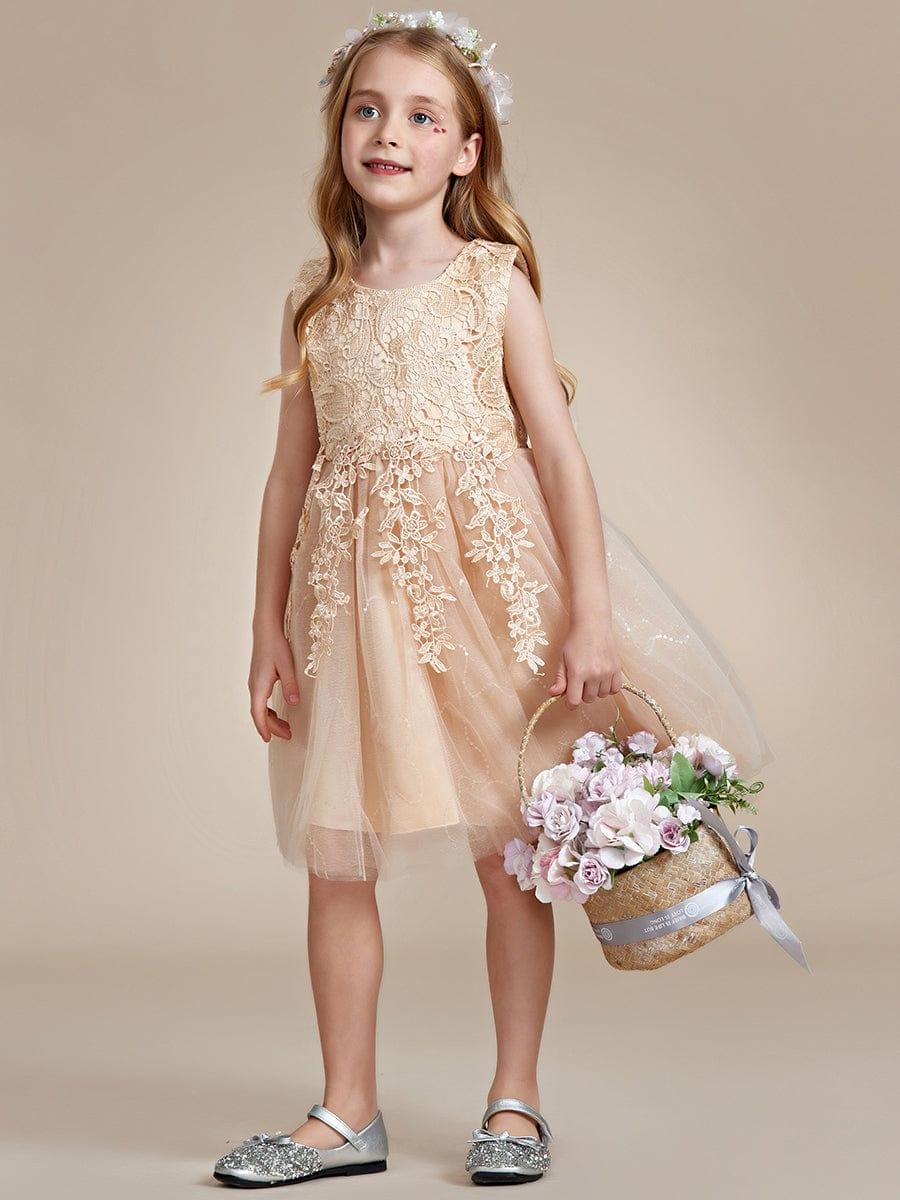 Elegant Lace Sleeveless Embroidered A-Line Flower Girl Dress with Bowknot