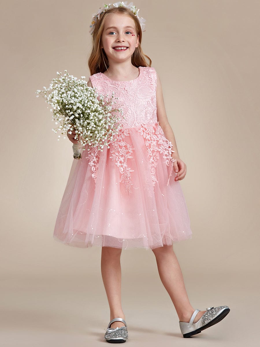 Elegant Lace Embroidered A-Line Flower Girl Dress with Bowknot and Sleeveless #color_Pink