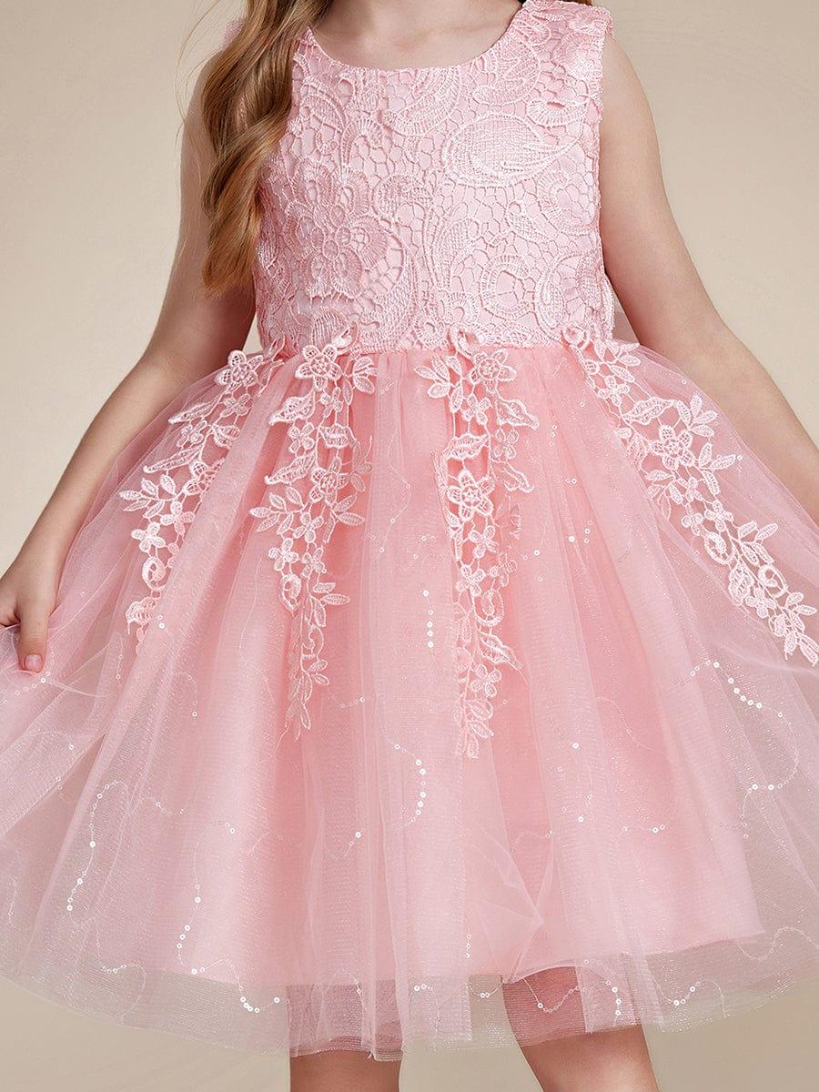 Elegant Lace Sleeveless Embroidered A-Line Flower Girl Dress with Bowknot