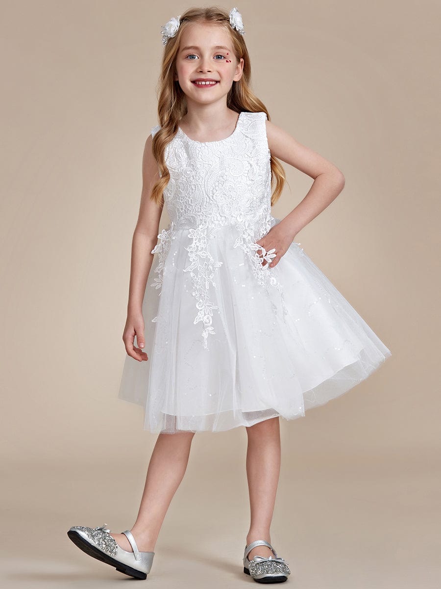 Elegant Lace Embroidered A-Line Flower Girl Dress with Bowknot and Sleeveless #color_White