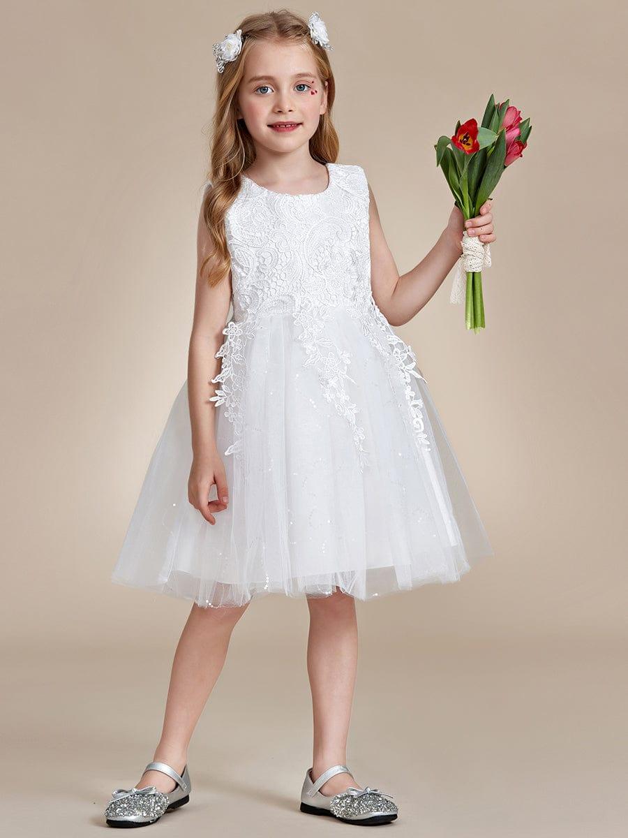 Elegant Lace Sleeveless Embroidered A-Line Flower Girl Dress with Bowknot