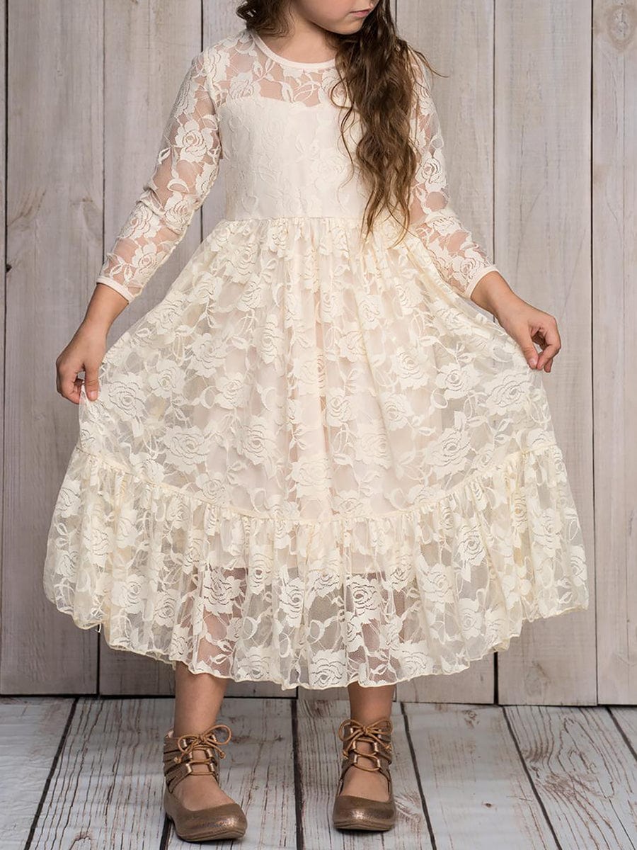 Pure Lace Long-Sleeve Round Neckline Flower Girl Dress  #color_Cream