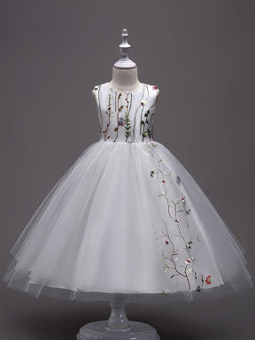 Floral Embroidered Sleeveless Flower Girl Dress with Tulle Cover