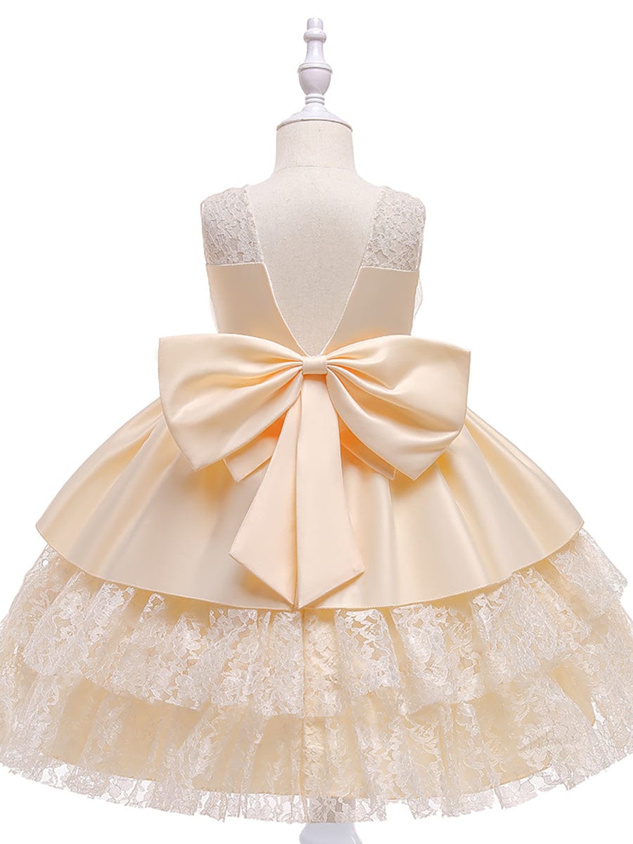 Multi-Layered Princess Flower Girl Dress with Large Bow Detail