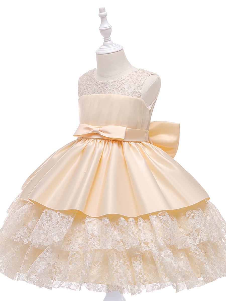Multi-Layered Princess Flower Girl Dress with Large Bow Detail