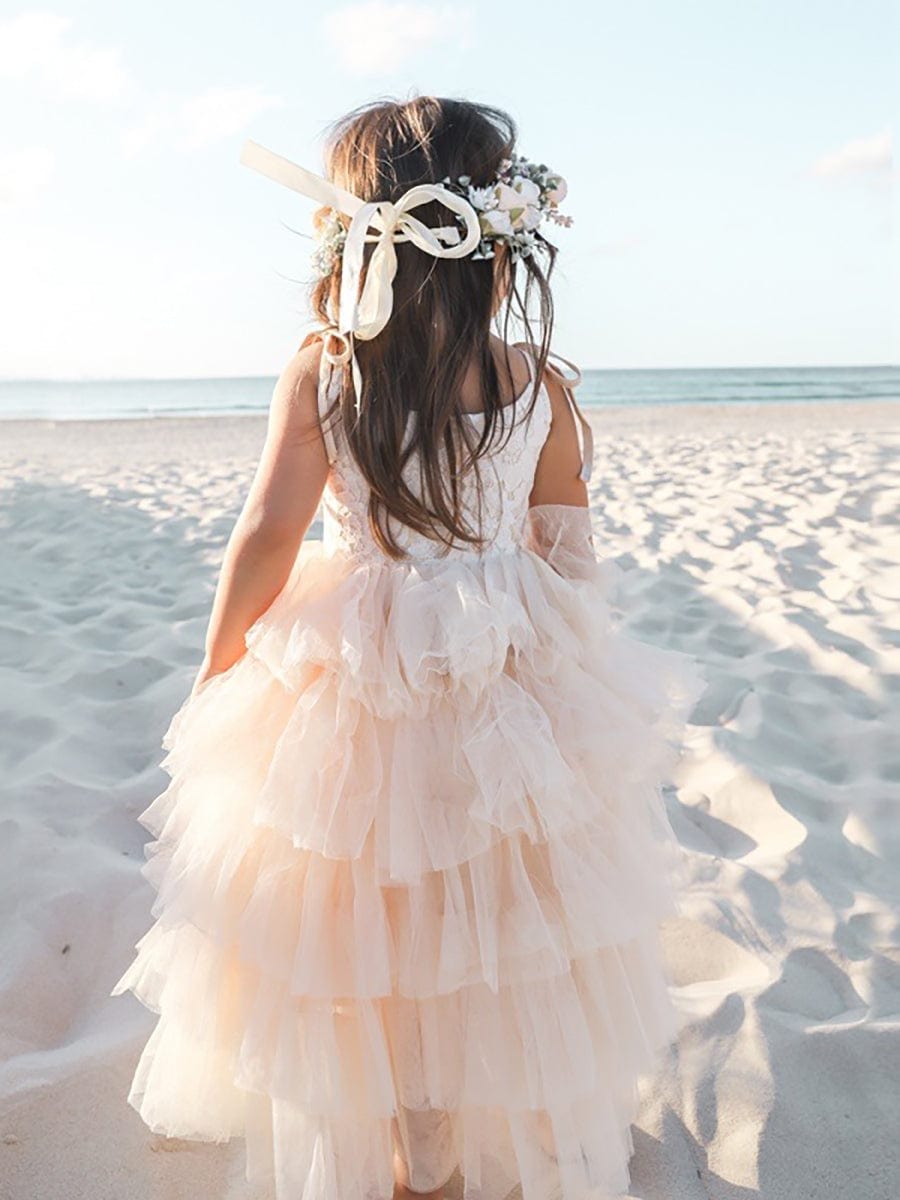 Multi-Layered Tulle Princess Flower Girl Dress with Spaghetti Straps #color_Champagne