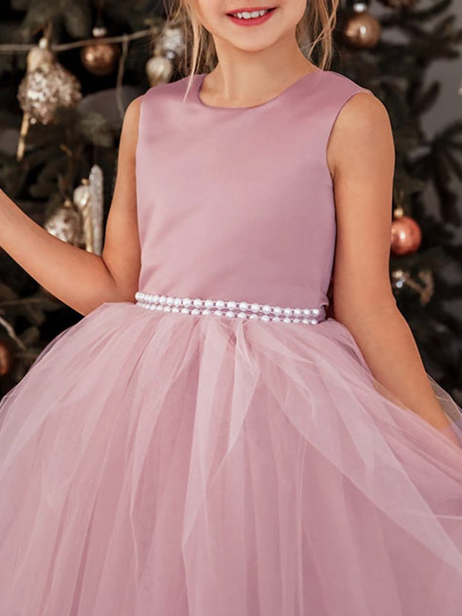 Satin Beaded Tulle Princess Flower Girl Dress With Back Bow #color_Cameo Brown