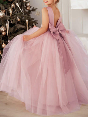 Satin Beaded Tulle Princess Flower Girl Dress With Back Bow